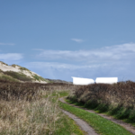 Figuur van het Delta Shelter gebouw in het landschap te zien vanuit het westen