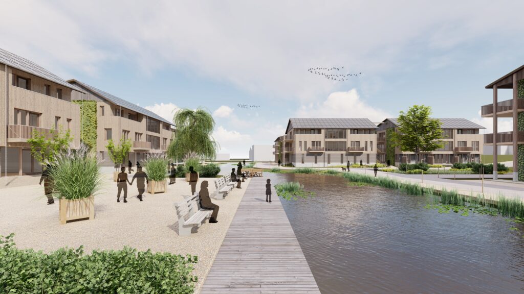 Visualisatie van het studie project bij TU Delft genaamd Wetland Housing Service.