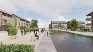 Visualisatie van het studie project bij TU Delft genaamd Wetland Housing Service.