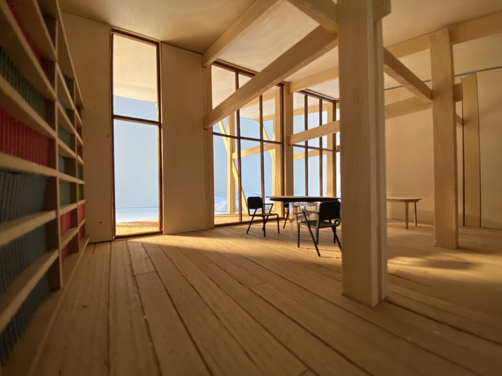 Interieur maquette van het studie project bij TU Delft genaamd de Delta Shelter.